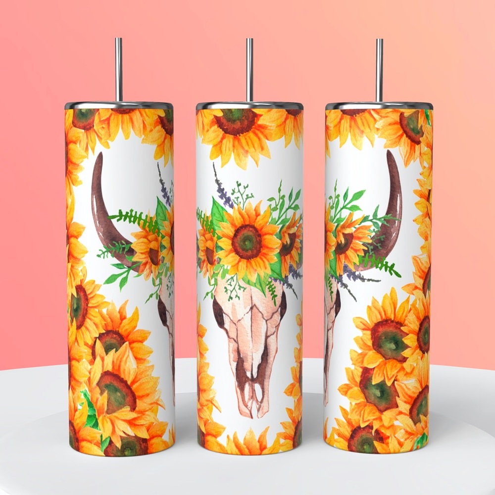 Western skull with Sunflowers 20 oz tumbler